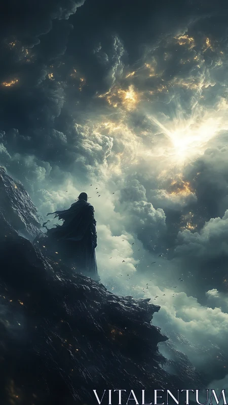 Solitary cloaked figure on cliff under luminous storm sky.