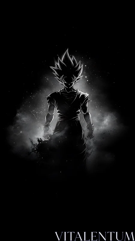 High-contrast anime warrior silhouette in nebular backlight.