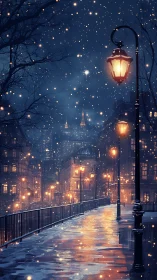 Snowlit city promenade under glowing street lanterns at dusk.