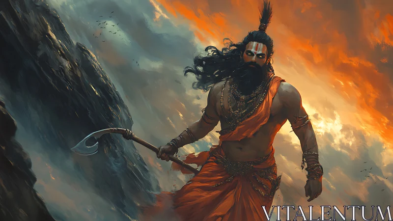 Warrior sage strides along storm cliffs under incandescent sky