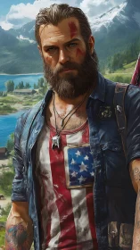 Bearded traveler standing strong by a sunlit mountain lake.