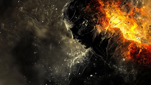 Flame crowned silhouette leans into stormy cosmic darkness