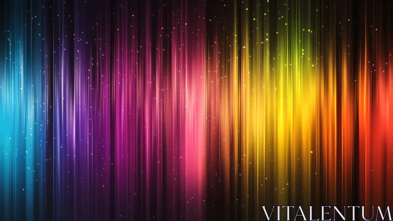 Chromatic lightfall curtains over a starlit digital skyline.