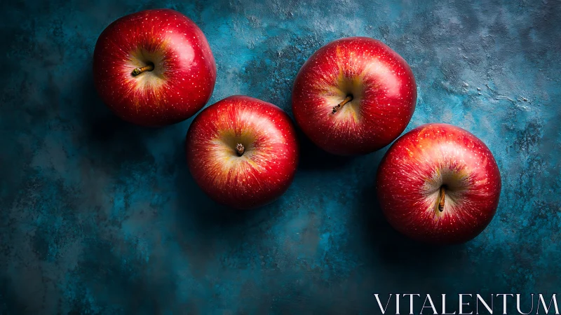 Four ruby apples quietly march across a stormy teal sky