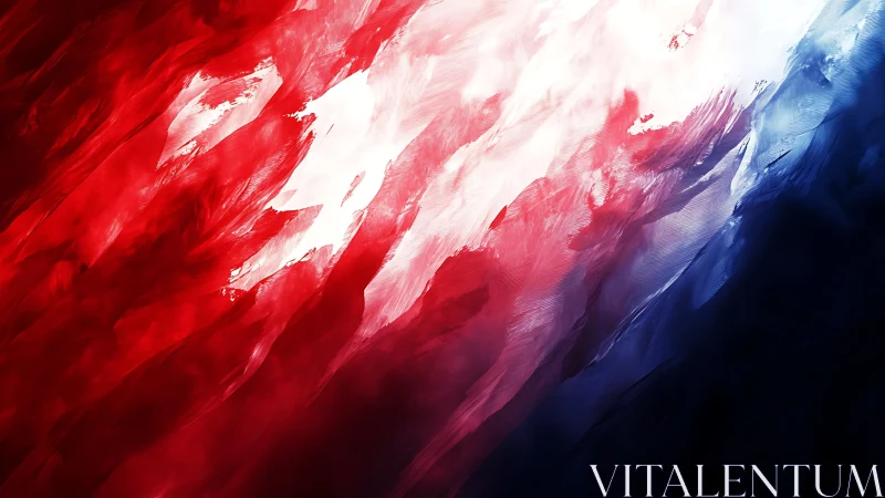 Abstract red, white, and blue brushstroke painting in vivid style.