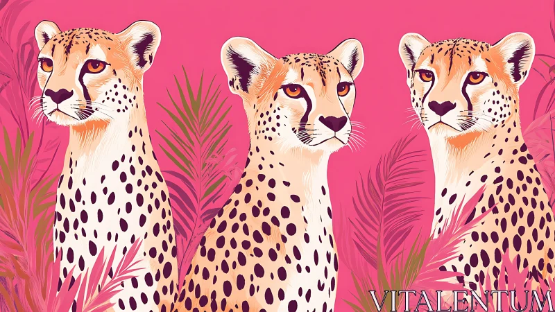 Three Cheetahs Portrait with Distinctive Facial Markings Against Vivid Magenta Background