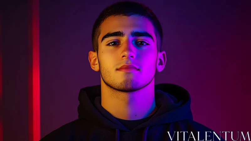 Moody neon portrait of a confident young man in soft glow.