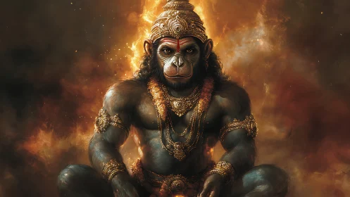 Mythic warrior monkey sits in flames wearing sacred gold armor.