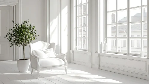 White minimal interior with armchair, potted tree and daylight.