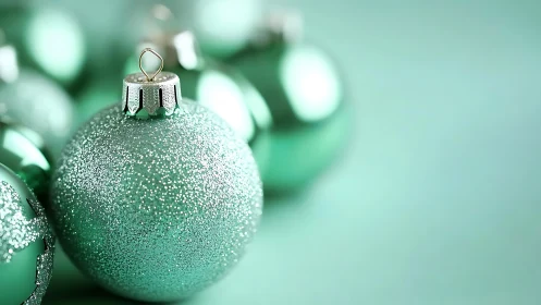 Glittered mint glass bauble in shallow depth of field macro study