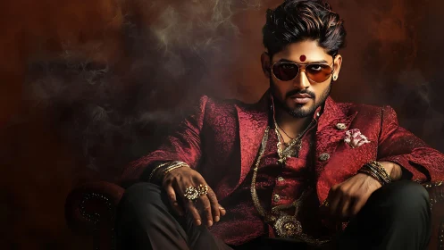 Regal man in red suit with jewelry against smoky backdrop.
