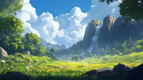 Sunlit alpine meadow opens beneath towering waterfall cliffs.