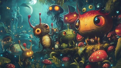 Luminescent forest creatures gather under a glowing moon.