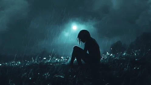 Solitary figure sits in moonlit rain, wrapped in quiet sorrow