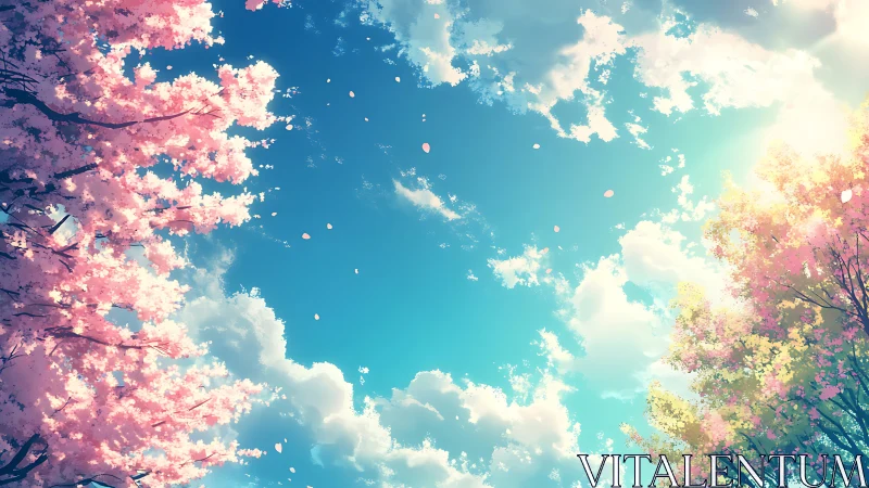 Vernal sky framed by cherry blossoms and diffuse cloudscape.