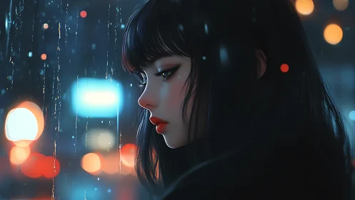 Night city portrait of young woman in rain.