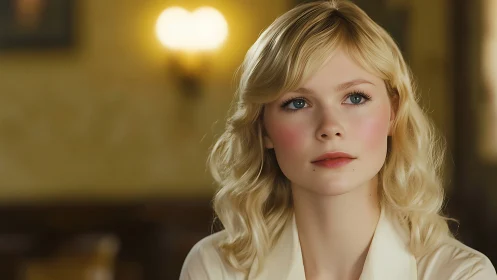 Softly lit blonde woman gazes ahead in warm interior setting.