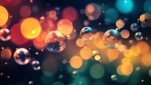 Iridescent soap bubbles float against multicolor bokeh field