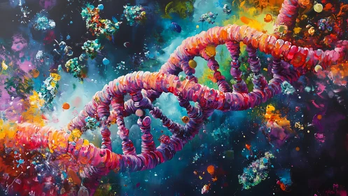 DNA double helix rendered as layered chromatic abstract structure
