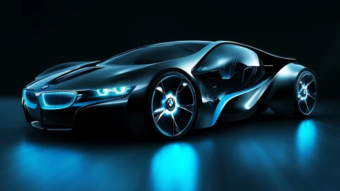 Futuristic sports car glows with sleek blue neon energy