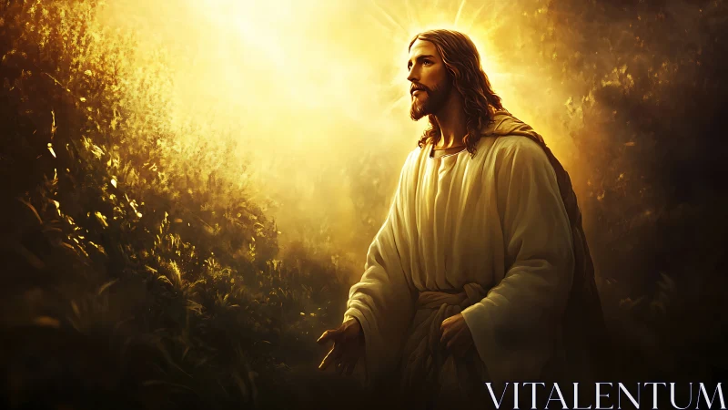 Radiant robed figure walking through glowing golden garden.