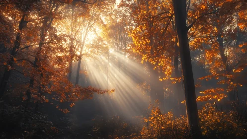 Sunlight penetrating mist in dense autumn deciduous forest.