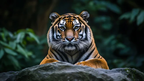 Calm jungle tiger resting quietly behind mossy stones.