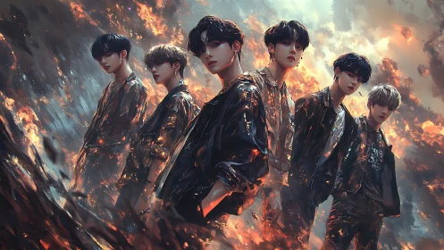 Six stylized young men stand in fiery digital landscape.