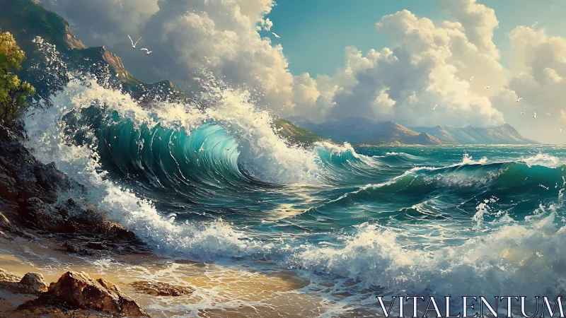 Dynamic turquoise surf against sunlit coastal mountains.