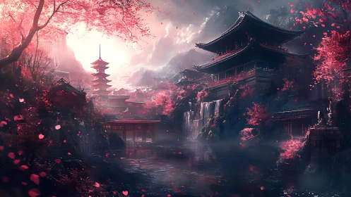 Mystic cherry blossom temple valley with cascading waterfalls.