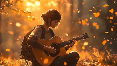 Golden leaves orbit a lone guitarist in quiet forest reverie