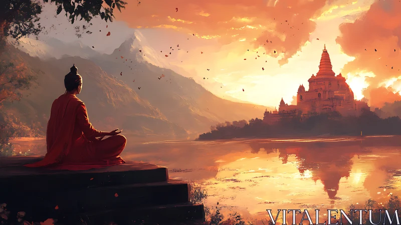 Sunset monk gazes toward luminous temple across still waters.