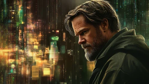 Middle-aged man stands before dense digital city matrix