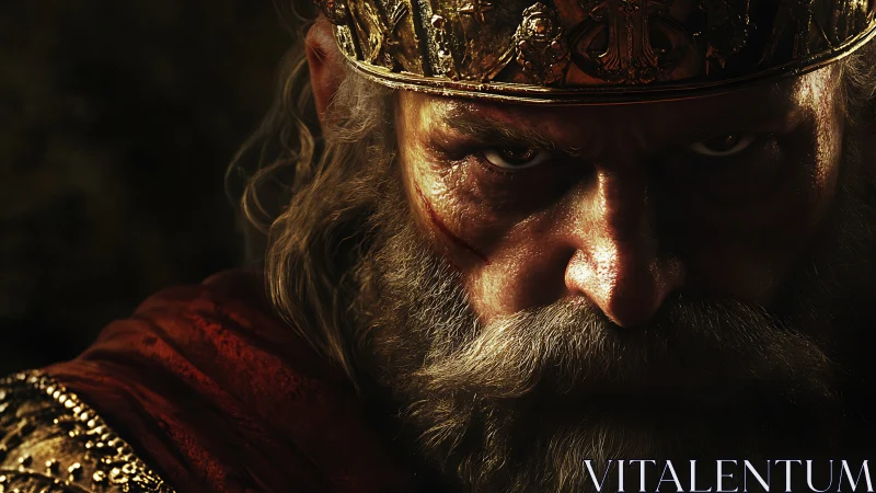 Battle-scarred monarch in dramatic low-key cinematic close-up.