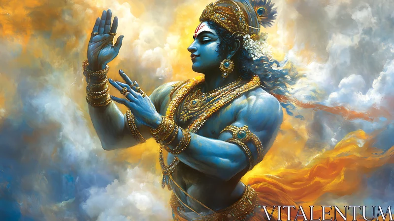 Divine blue deity in jeweled regalia amid swirling clouds.