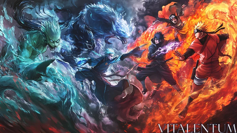 Elemental anime battle with fire and water forces engaged.