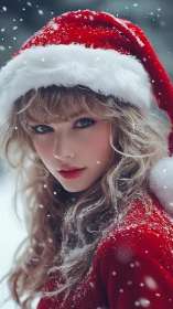 Woman in red Santa hat in falling winter snow outdoors.