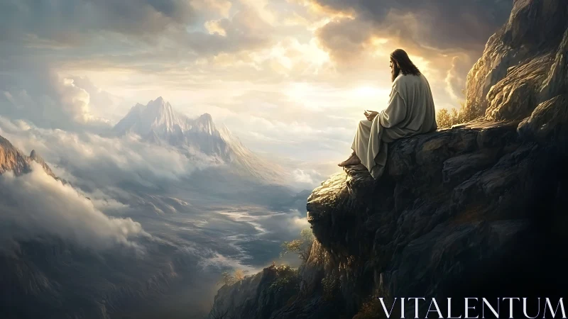 Solitary robed figure over luminous mountain valley vista.