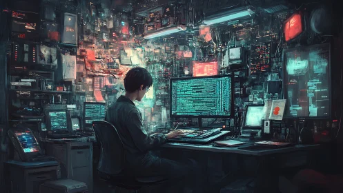 Solitary hacker codes in dense cybernetic workstation glow