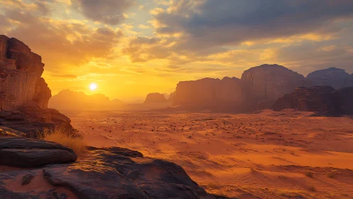 Sunlit desert canyon with rocky cliffs at sunset.