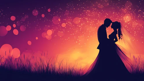 Silhouetted couple embraces beneath a glowing sunset landscape