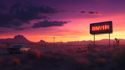 Desert highway sedan passes glowing roadside neon sign