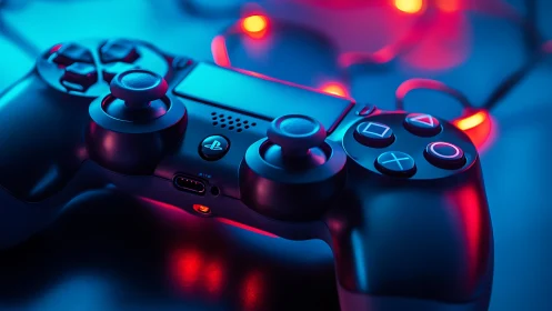 Gaming controller emerges from neon-lit cyberpunk environment.