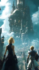 Twin warriors confront a towering cybercity in radiant sky mist