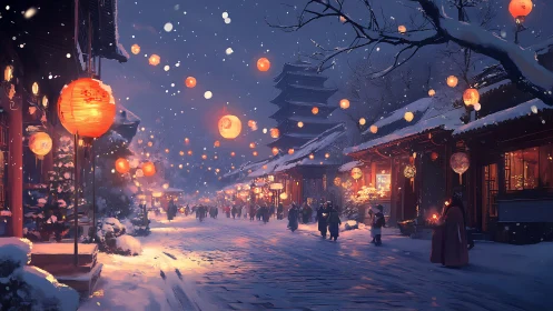 Winter street scene shows lantern lit historic district at dusk