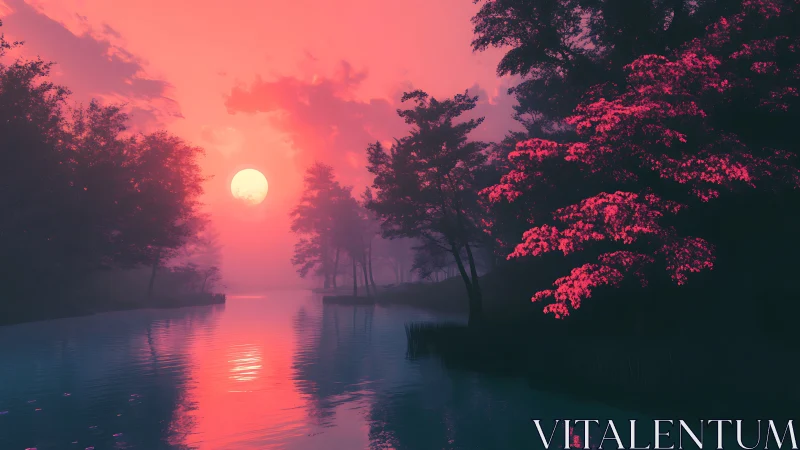 Neon dusk river under misty forest silhouettes at sunset.
