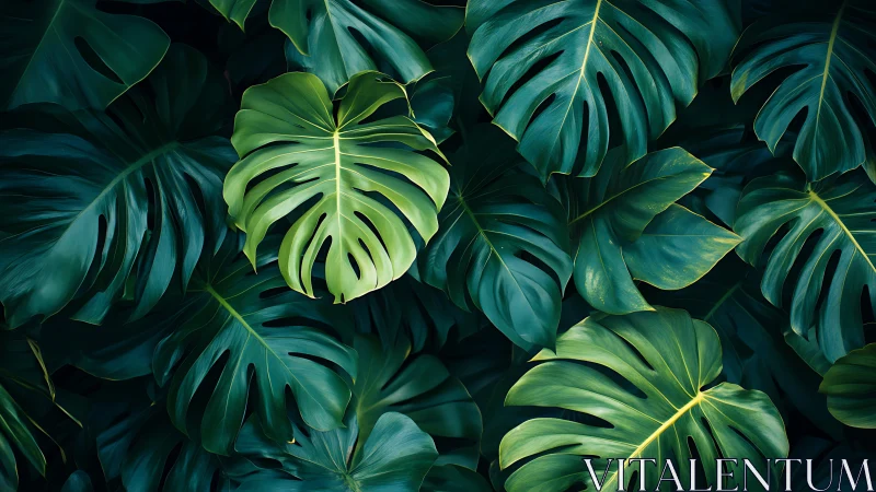 Midnight jungle spotlight crowns a lone monstera leaf