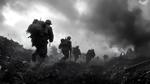 Storm of steel erupts as soldiers charge through burning mud.