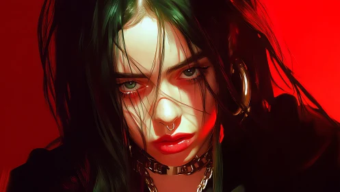 Intense digital portrait under vivid red lighting glow.