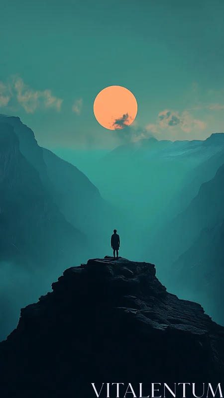 Lone summit dreamer beneath a vast teal valley moon.
